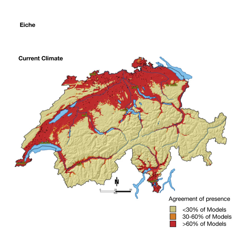 carte de la suisse représentant la répartition du chêne actuellement